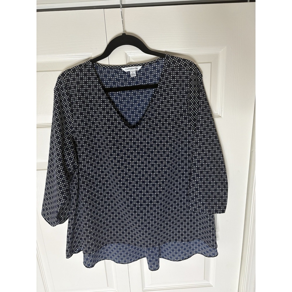 Croft & Barrow Women's 3/4 Sleeve Blouse Size L Navy Blue V-Neck Pullover
